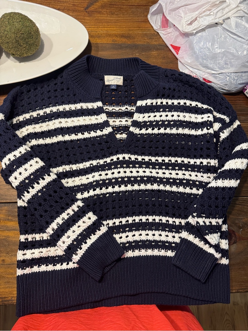 Universal Thread Navy and White Striped Open-Knit V-Neck Sweater